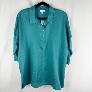 J. Jill Love Linen Sz L Collared Popover Shirt Teal 3/4 Sleeve Lagenlook Relaxed